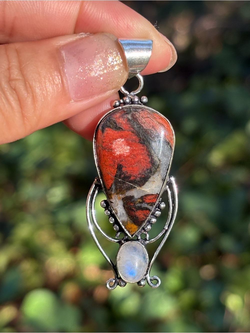 Sterling Silver Red Jasper and Moonstone Pendant Necklace